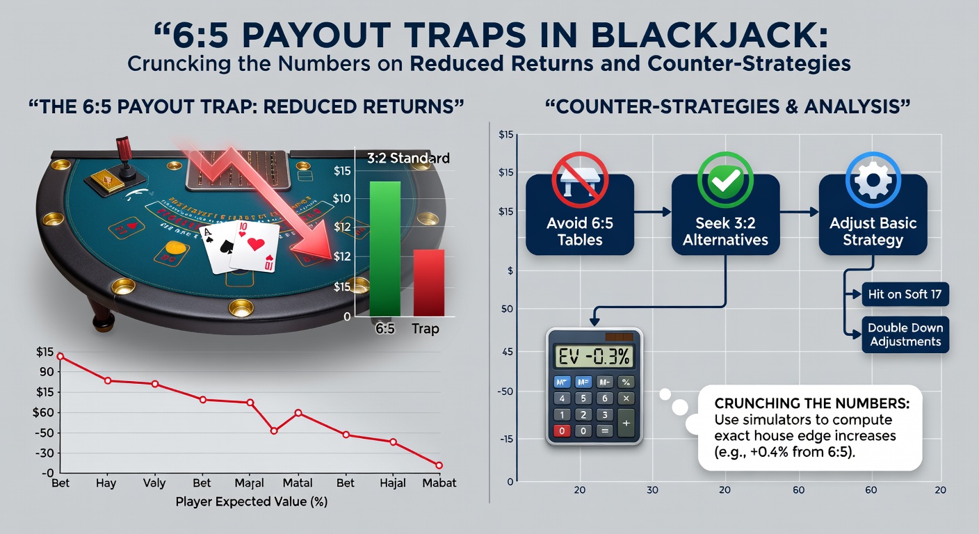 Detaillierte Infografik mit Berechnungen zum House Edge bei 6:5 vs. 3:2 Blackjack, inklusive Tabellen und Diagrammen