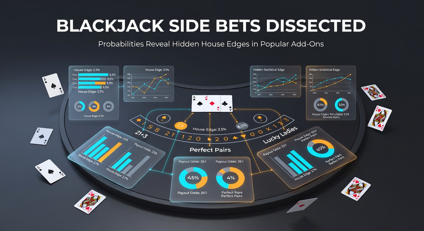 Tabelle mit House-Edge-Vergleichen für gängige Blackjack-Side-Bets wie Insurance, Perfect Pairs und 21+3, inklusive Wahrscheinlichkeiten und Auszahlungen