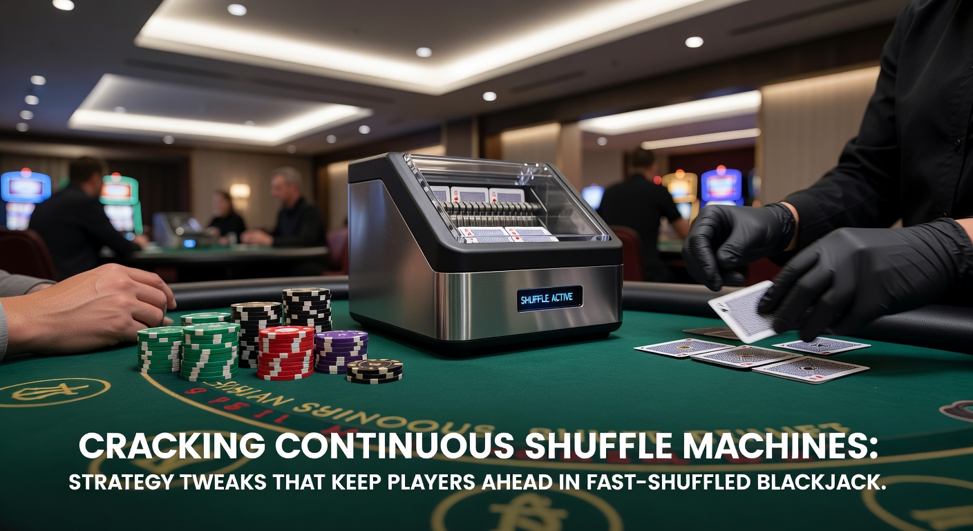 Ein Continuous Shuffle Machine in Aktion an einem Blackjack-Tisch, Karten werden kontinuierlich gemischt