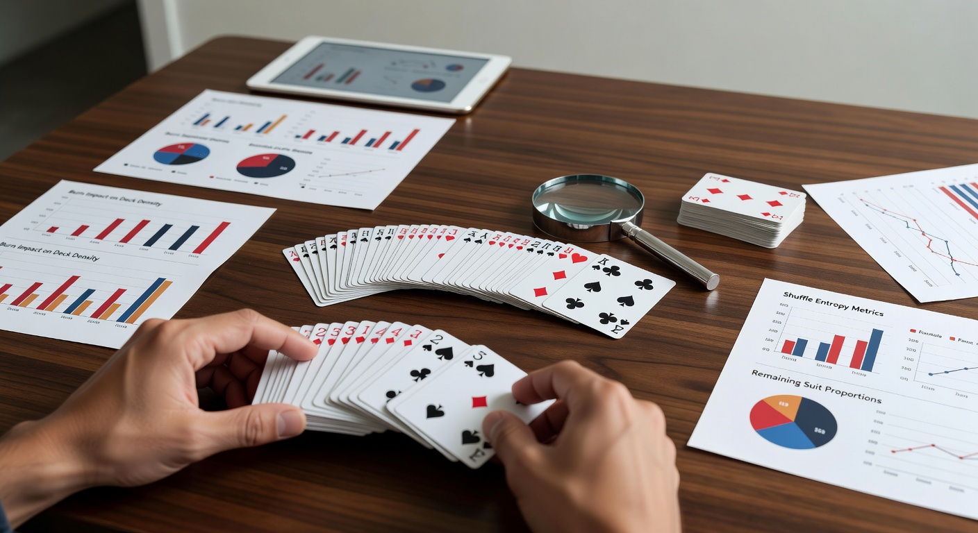 Detailansicht eines gemischten Blackjack-Decks mit markierten Burn Cards und Berechnungsdiagramm