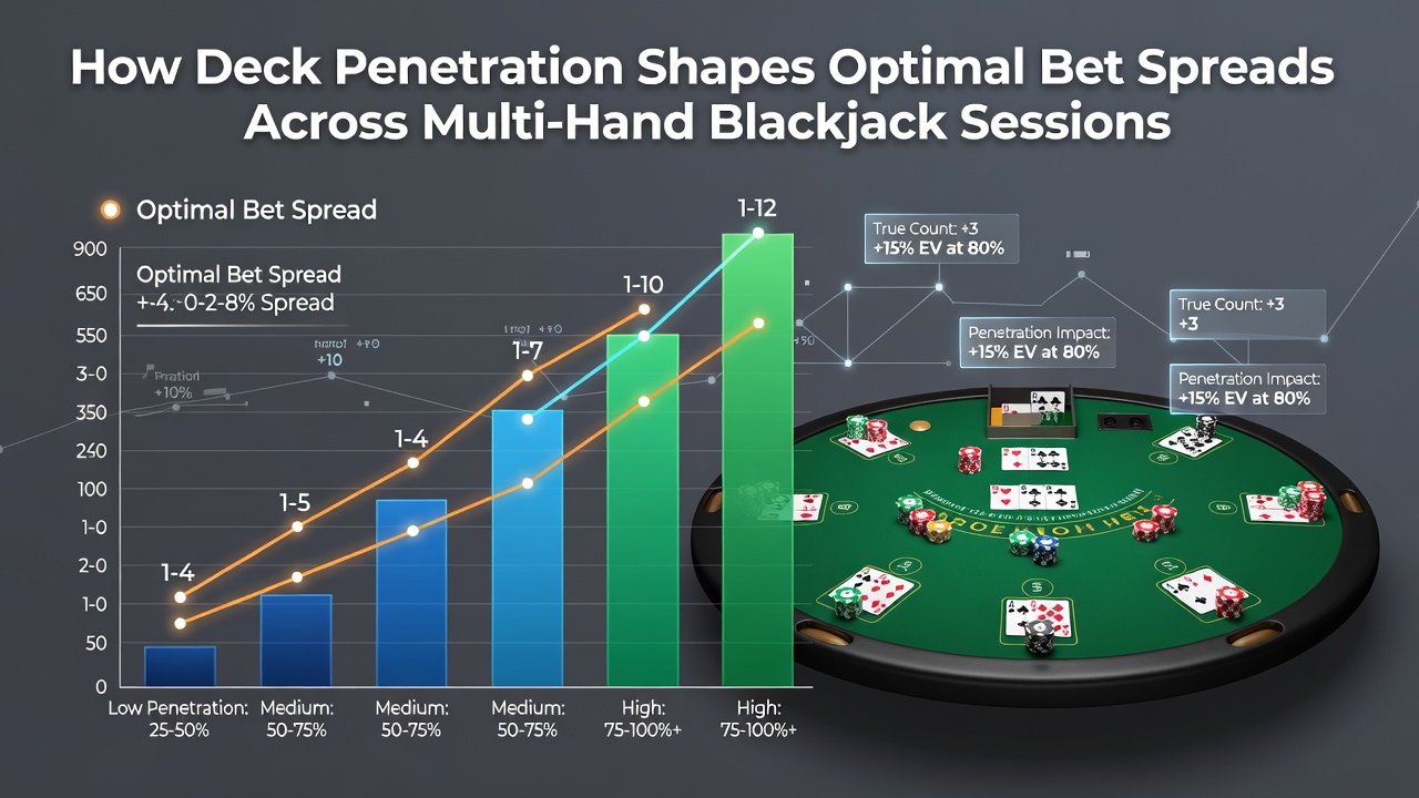 Diagramme zeigen die Auswirkungen unterschiedlicher Deck-Penetration auf Bet-Spreads in Multi-Hand-Blackjack-Sessions
