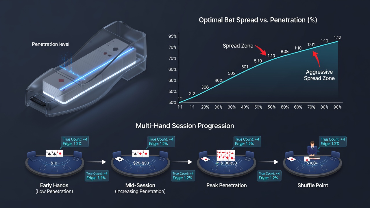 Grafiken illustrieren Bet-Spread-Optimierungen bei variierender Deck-Penetration in Multi-Hand-Blackjack-Partien