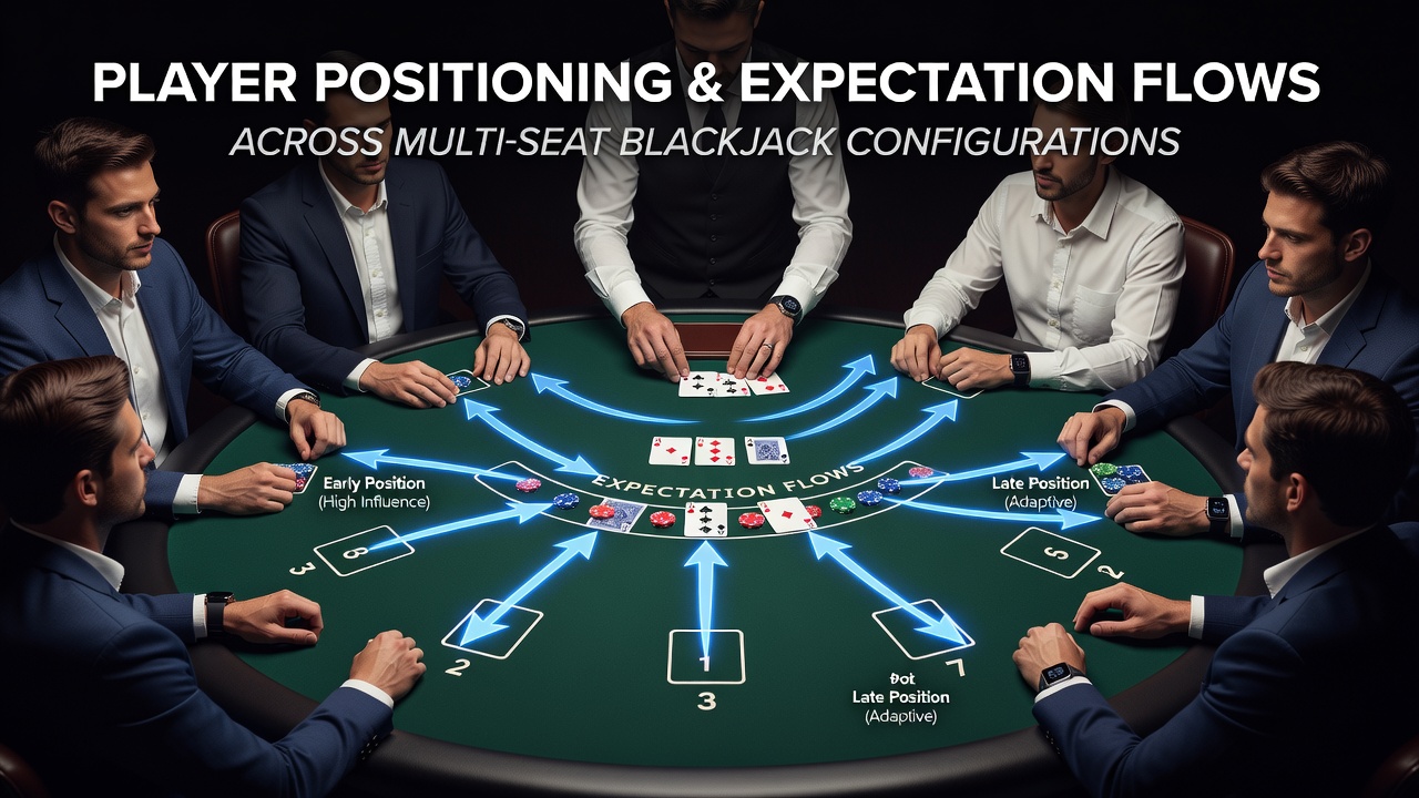 Darstellung einer Blackjack-Tischkonfiguration mit mehreren Sitzplätzen und Kartenfluss