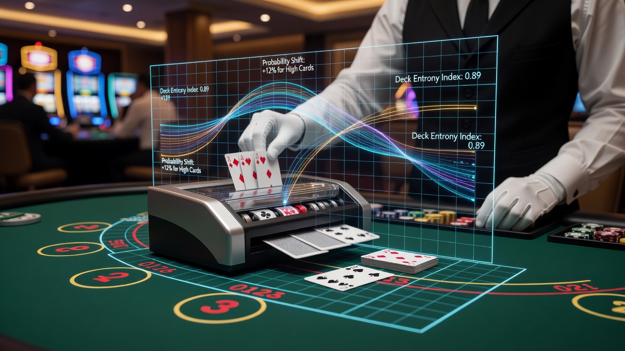 Automatischer Kartenmischer in einem Live-Casino-Tisch mit Karten und Chips