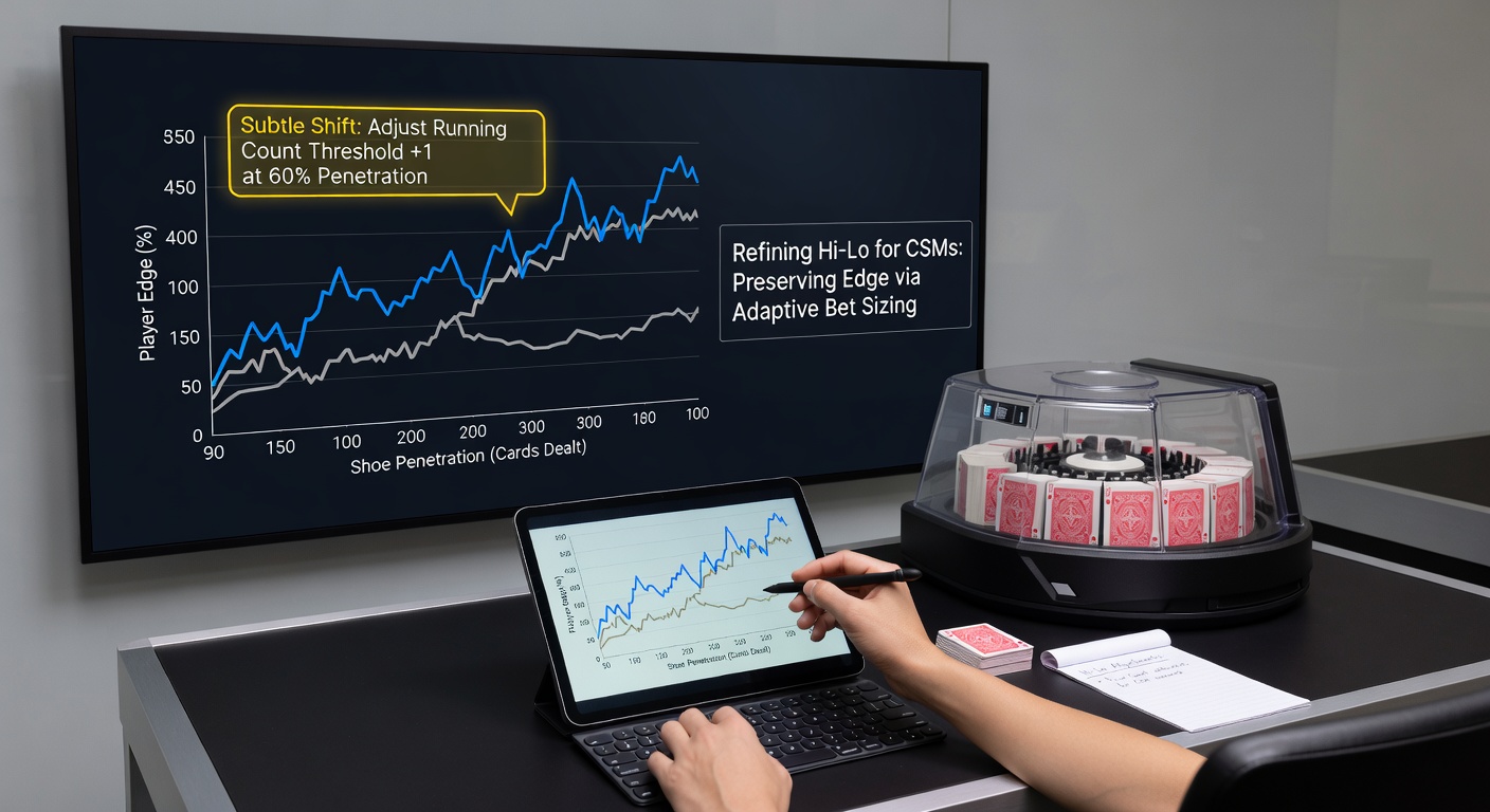 Detaillierte Grafik eines Hi-Lo-Count-Charts angepasst für CSM, mit Bet-Spreads und Deviation-Tabellen