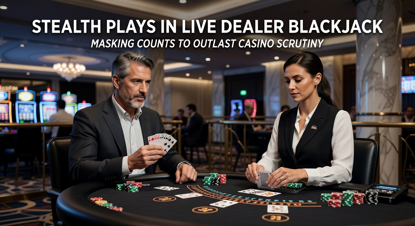 Live Dealer Blackjack-Tisch mit Dealer und Spielkarten, beleuchtet von Casino-Lichtern, symbolisiert subtile Strategien gegen Überwachung