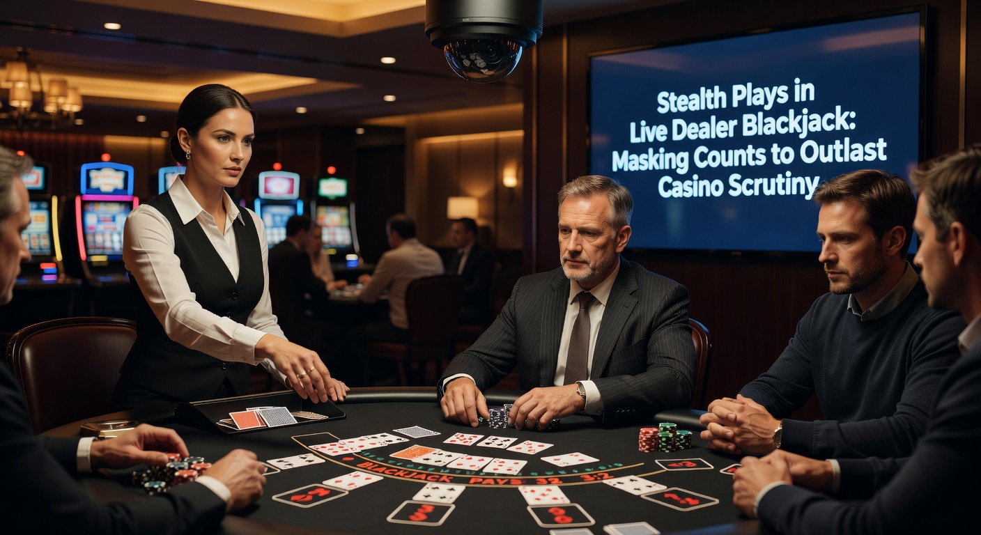 Nahaufnahme von Blackjack-Karten und Chips auf einem Live-Tisch, mit Überwachungskamera im Hintergrund, illustriert Tarntechniken gegen Casino-Scrutiny
