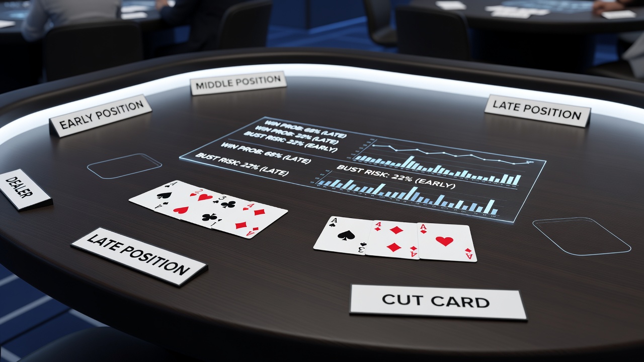 Detailansicht eines Blackjack-Tisches mit Karten und Spielern zur Verdeutlichung von Ass-Sequenzierung