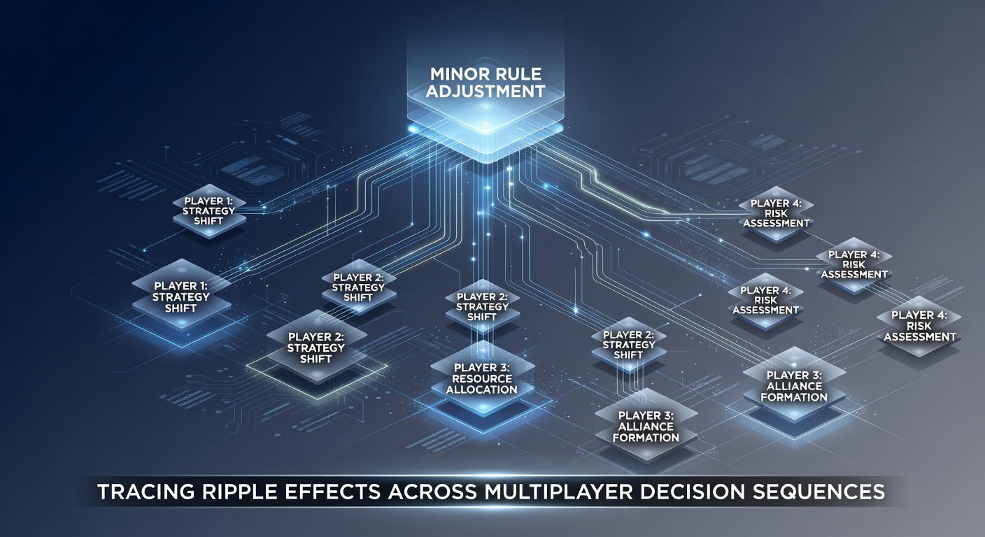Simulation eines Blackjack-Tisches mit mehreren Spielern und markierten Entscheidungspunkten bei Regelvariationen